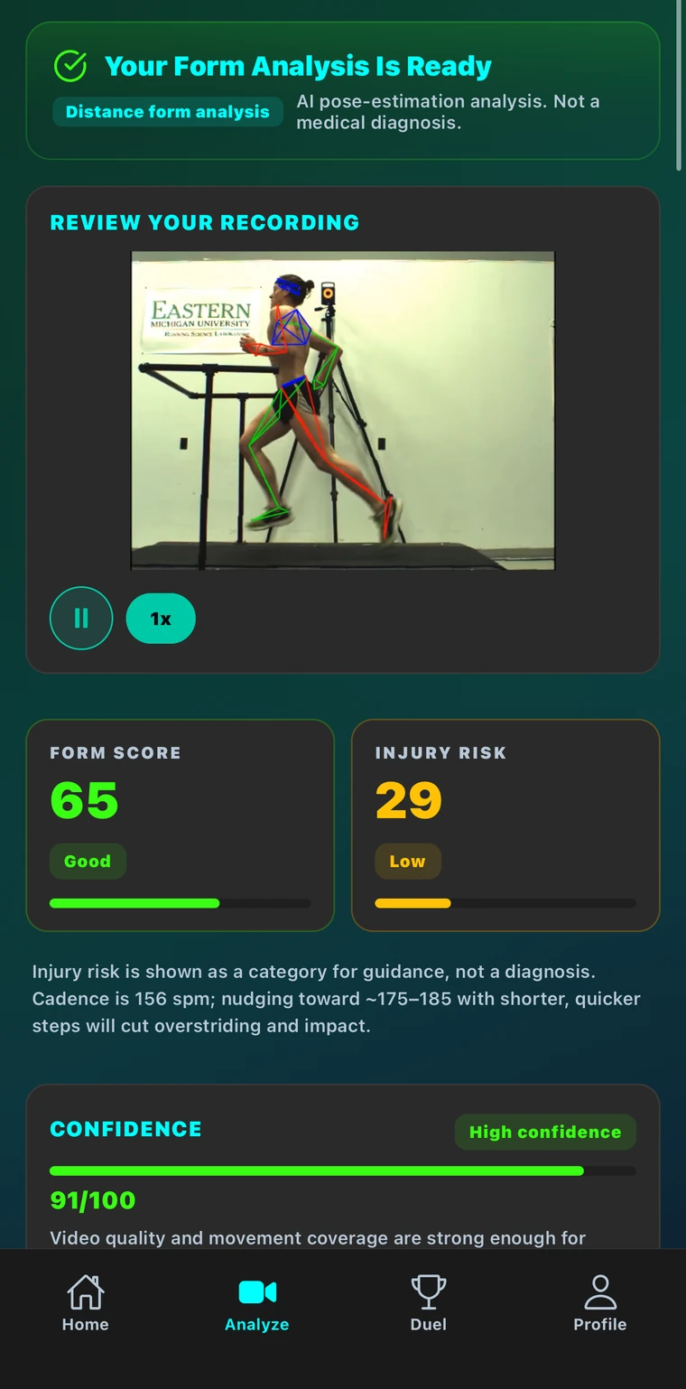 Recura AI running form analysis with pose-estimation skeleton, form score and injury-risk readout