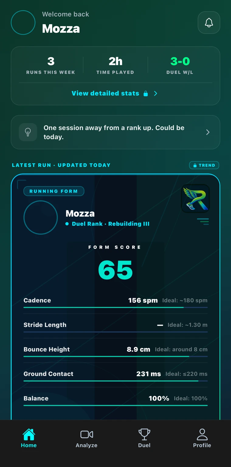 Recura home dashboard with runs this week, duel record, rank and form score